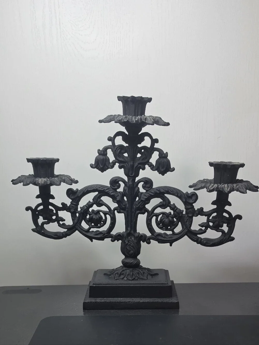 Ornate Black Metal 3-Arm Candelabra Candle Holder